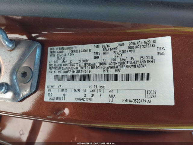 2017 Ford Escape S მანქანა იყიდება აუქციონზე, vin: 1FMCU0F71HUB34649, აუქციონის ნომერი: 44808625