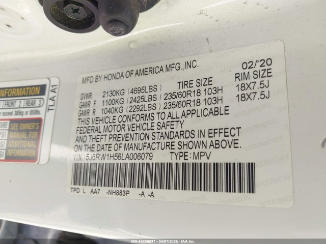 5J6RW1H56LA006079 Honda Cr-v 2wd Ex