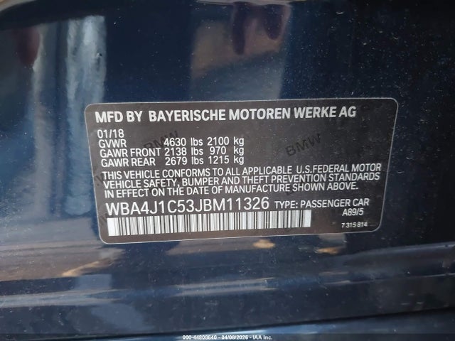 Aukcja sprzedaży 2018 Bmw 430i Gran Coupe, vin: WBA4J1C53JBM11326, numer aukcji: 44808640