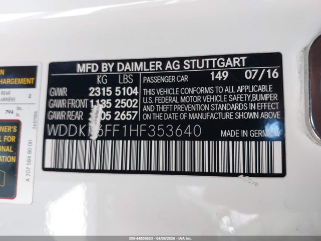 44808653 :رقم المزاد ، WDDKK6FF1HF353640 vin ، 2017 Mercedes-benz E 400 مزاد بيع
