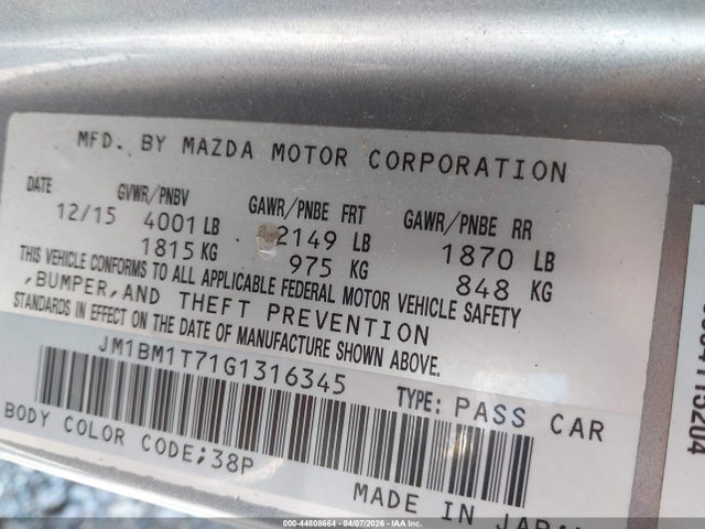 Aukcja sprzedaży 2016 Mazda Mazda3 I Sport, vin: JM1BM1T71G1316345, numer aukcji: 44808664