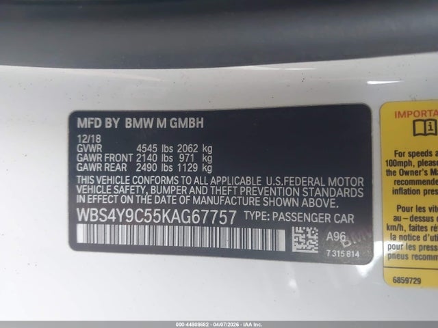 Aukcja sprzedaży 2019 Bmw M4, vin: WBS4Y9C55KAG67757, numer aukcji: 44808682