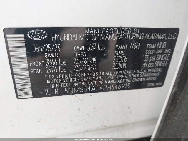 2023 Hyundai Santa Fe Sel მანქანა იყიდება აუქციონზე, vin: 5NMS34AJXPH546913, აუქციონის ნომერი: 44808684