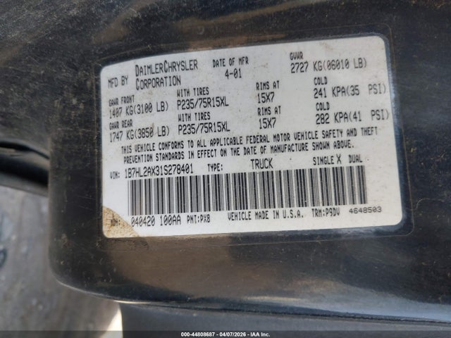 Aukcja sprzedaży 2001 Dodge Dakota Slt/sport, vin: 1B7HL2AX31S278401, numer aukcji: 44808687