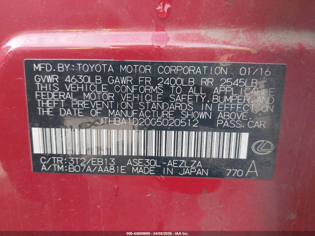 44808695 :رقم المزاد ، JTHBA1D20G5020512 vin ، 2016 Lexus Is 200t مزاد بيع