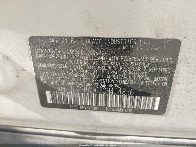 2012 Subaru Forester 2.5x Premium მანქანა იყიდება აუქციონზე, vin: JF2SHADC2CH414836, აუქციონის ნომერი: 44808703