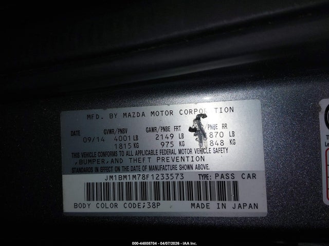 JM1BM1M78F1233573 Mazda Mazda3 I Grand Touring