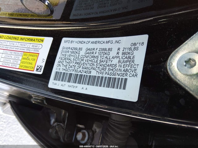 Продаж на аукціоні авто 2018 Honda Accord Ex-l, vin: 1HGCV1F50JA214538, номер лоту: 44808712