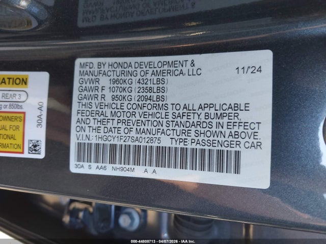 Aukcja sprzedaży 2025 Honda Accord Lx, vin: 1HGCY1F27SA012875, numer aukcji: 44808713