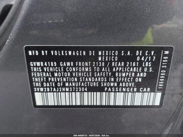 2017 Volkswagen Jetta 1.4t S მანქანა იყიდება აუქციონზე, vin: 3VW2B7AJ2HM372304, აუქციონის ნომერი: 44808733