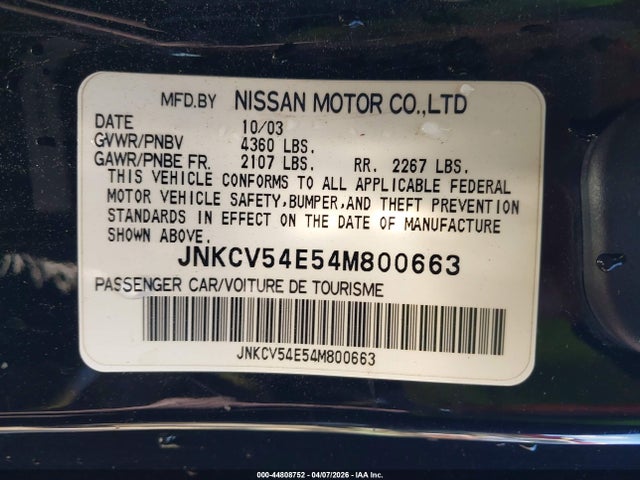 Aukcja sprzedaży 2004 Infiniti G35, vin: JNKCV54E54M800663, numer aukcji: 44808752