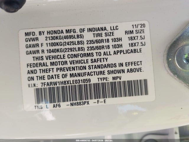 7FARW1H8XLE031059 Honda Cr-v 2wd Ex-l