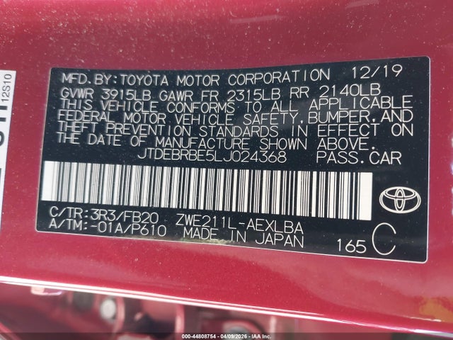 2020 Toyota Corolla Hybrid Le მანქანა იყიდება აუქციონზე, vin: JTDEBRBE5LJ024368, აუქციონის ნომერი: 44808754