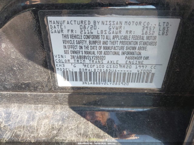 44808760 :رقم المزاد ، 3N1AB8BV2LY285920 vin ، 2020 Nissan Sentra S Xtronic Cvt مزاد بيع