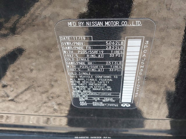 Auction sale of the 2020 Infiniti Qx50 Essential Awd, vin: 3PCAJ5M35LF109742, lot number: 44808765