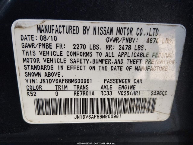 44808767 :رقم المزاد ، JN1DV6AP8BM600961 vin ، 2011 Infiniti G25 Journey مزاد بيع