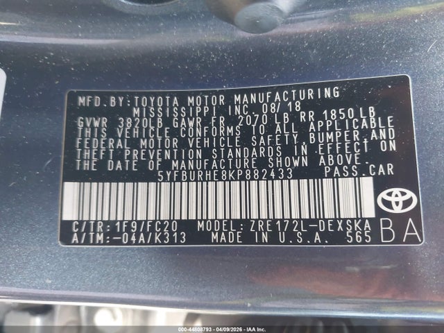 5YFBURHE8KP882433 Toyota COROLLA SE