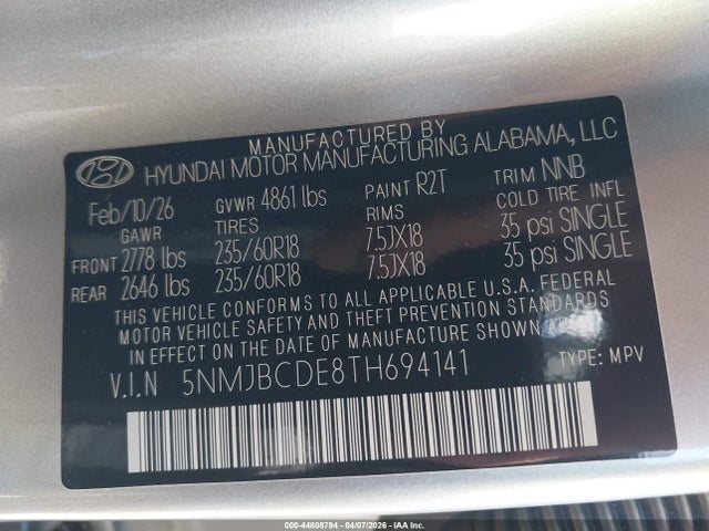 44808794 :رقم المزاد ، 5NMJBCDE8TH694141 vin ، 2026 Hyundai Tucson Sel مزاد بيع