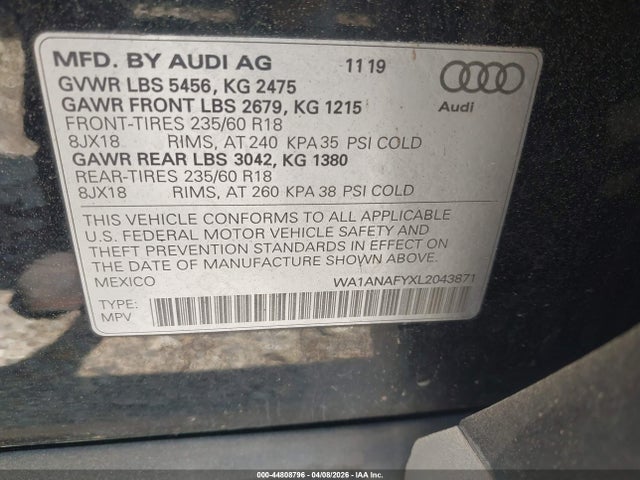 Aukcja sprzedaży 2020 Audi Q5 Premium 45 Tfsi Quattro S Tronic/titanium Premium 45 Tfsi Quattro S Tronic, vin: WA1ANAFYXL2043871, numer aukcji: 44808796