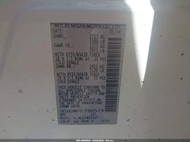 Aukcja sprzedaży 2014 Nissan Pathfinder Sv, vin: 5N1AR2MM1EC700579, numer aukcji: 44808800