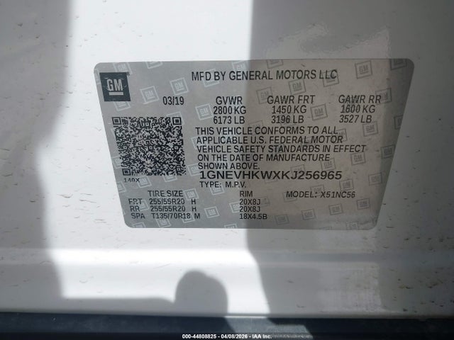 2019 Chevrolet Traverse 3lt მანქანა იყიდება აუქციონზე, vin: 1GNEVHKWXKJ256965, აუქციონის ნომერი: 44808825