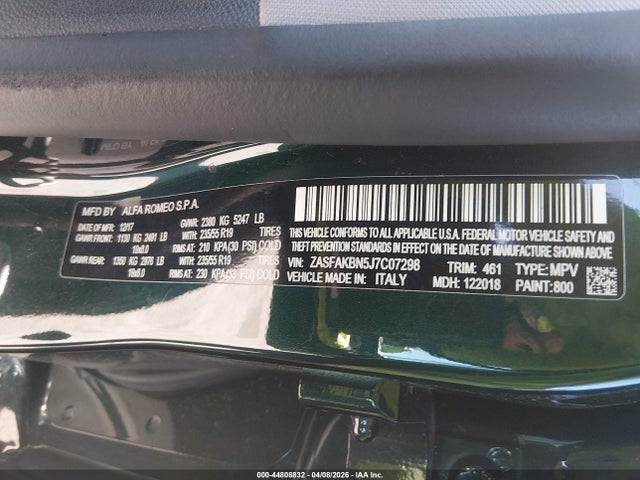 44808832 :رقم المزاد ، ZASFAKBN5J7C07298 vin ، 2018 Alfa Romeo Stelvio Ti Awd مزاد بيع