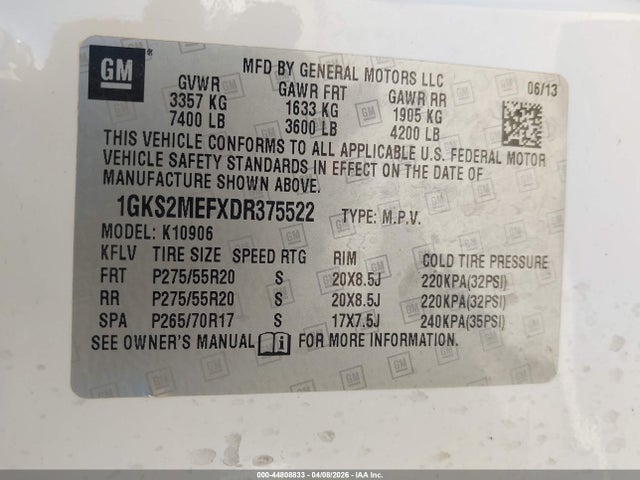 2013 Gmc Yukon Xl 1500 Denali მანქანა იყიდება აუქციონზე, vin: 1GKS2MEFXDR375522, აუქციონის ნომერი: 44808833