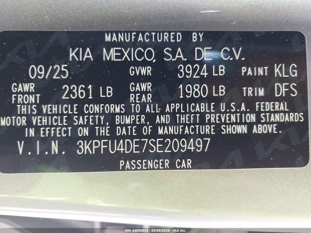 Продаж на аукціоні авто 2025 Kia K4 Ex, vin: 3KPFU4DE7SE209497, номер лоту: 44808835