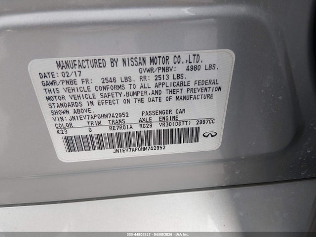 Aukcja sprzedaży 2017 Infiniti Q50 3.0t Premium, vin: JN1EV7AP0HM742952, numer aukcji: 44808837