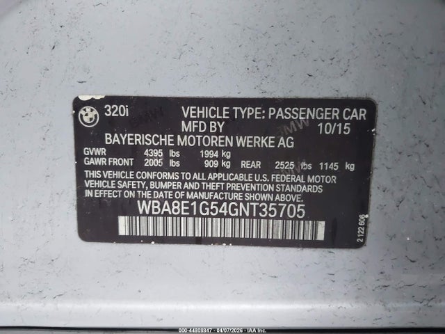2016 Bmw 320i მანქანა იყიდება აუქციონზე, vin: WBA8E1G54GNT35705, აუქციონის ნომერი: 44808847