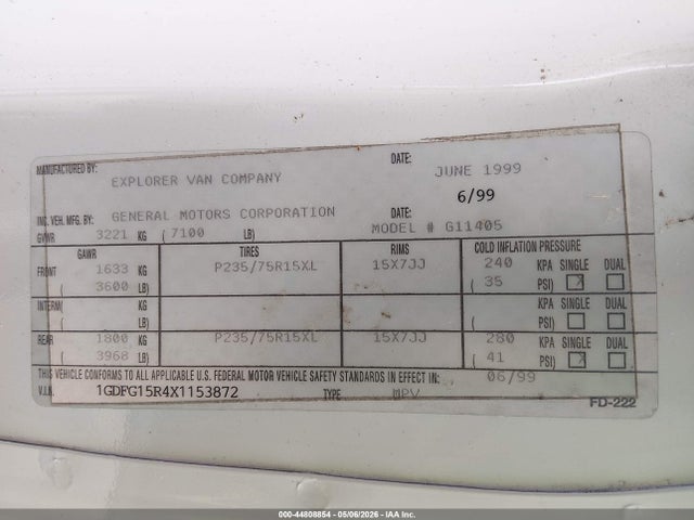 Продажа на аукционе авто 1999 Gmc Savana Rv G1500, vin: 1GDFG15R4X1153872, номер лота: 44808854