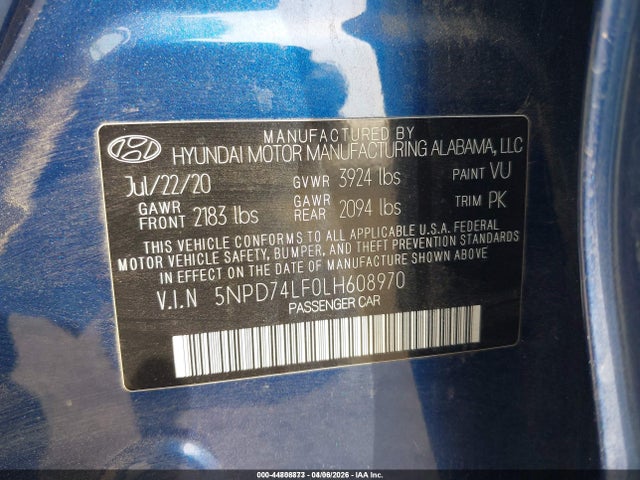 2020 HYUNDAI ELANTRA 5NPD74LF0LH608970 Photo 8