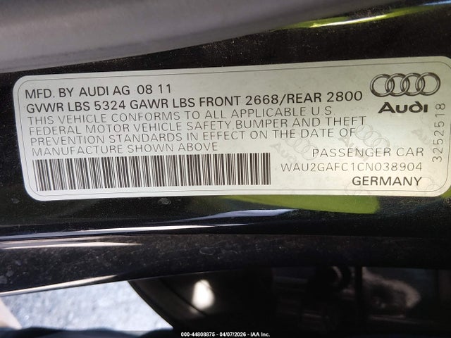 44808875 :رقم المزاد ، WAU2GAFC1CN038904 vin ، 2012 Audi A7 Premium مزاد بيع