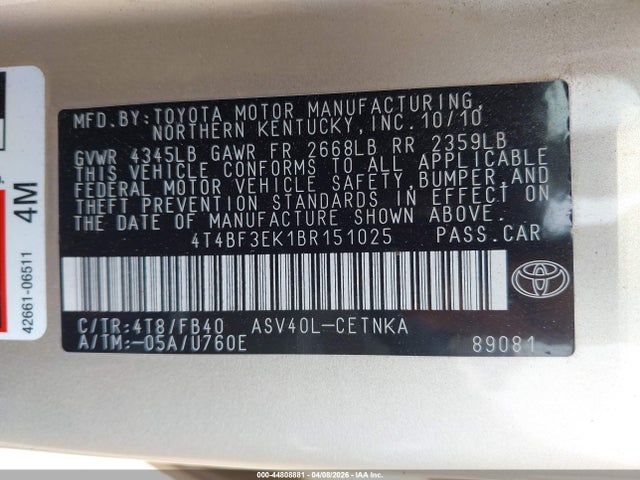 Продажа на аукционе авто 2011 Toyota Camry Le, vin: 4T4BF3EK1BR151025, номер лота: 44808881