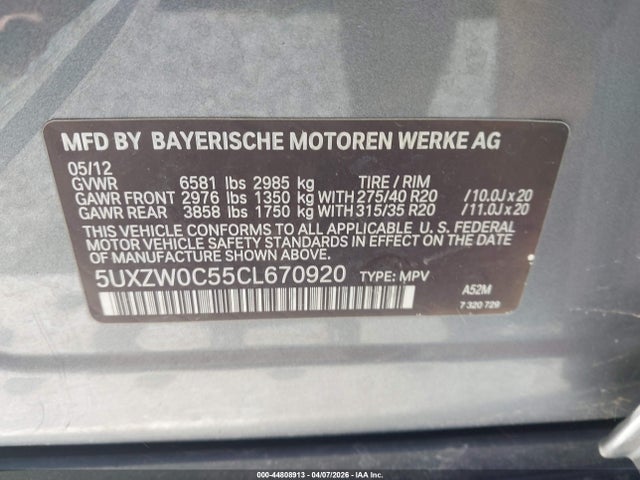 2012 Bmw X5 Xdrive35d მანქანა იყიდება აუქციონზე, vin: 5UXZW0C55CL670920, აუქციონის ნომერი: 44808913
