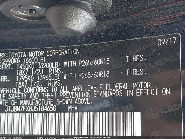 44808916 :رقم المزاد ، JTJBM7FX8J5184650 vin ، 2018 Lexus Gx 460 مزاد بيع