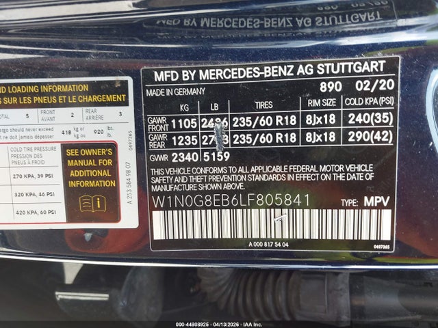 Aukcja sprzedaży 2020 Mercedes-benz Glc 300 4matic, vin: W1N0G8EB6LF805841, numer aukcji: 44808925