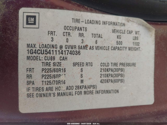 44808960 :رقم المزاد ، 1G4CU541114174036 vin ، 2001 Buick Park Avenue Ultra مزاد بيع