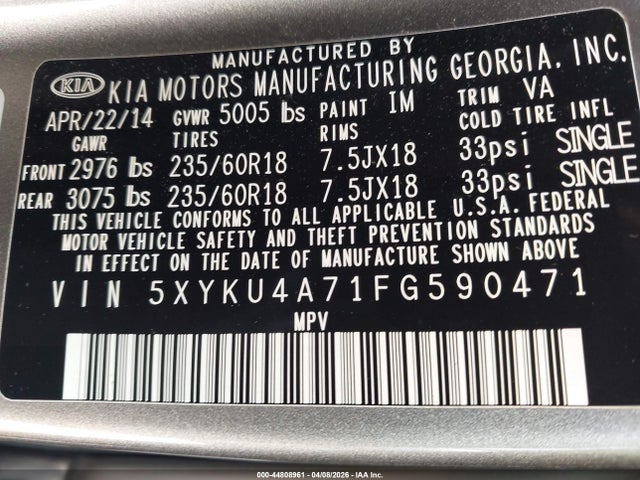 44808961 :رقم المزاد ، 5XYKU4A71FG590471 vin ، 2015 Kia Sorento Ex V6 مزاد بيع