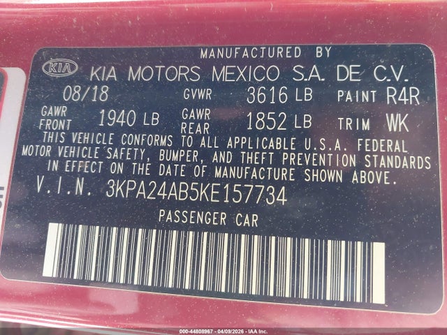 44808967 :رقم المزاد ، 3KPA24AB5KE157734 vin ، 2019 Kia Rio S مزاد بيع