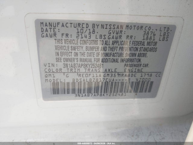 44808972 :رقم المزاد ، 3N1AB7AP8KY252481 vin ، 2019 Nissan Sentra S مزاد بيع