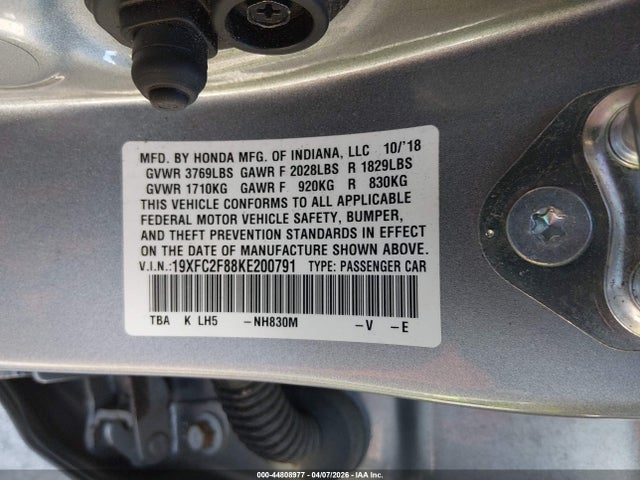 44808977 :رقم المزاد ، 19XFC2F88KE200791 vin ، 2019 Honda Civic Sport مزاد بيع