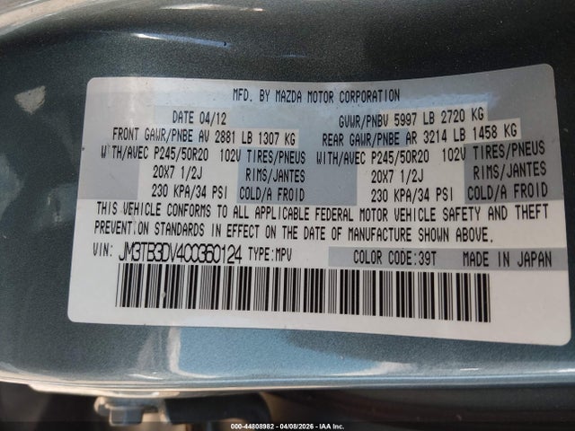 2012 Mazda Cx-9 Grand Touring მანქანა იყიდება აუქციონზე, vin: JM3TB3DV4C0360124, აუქციონის ნომერი: 44808982