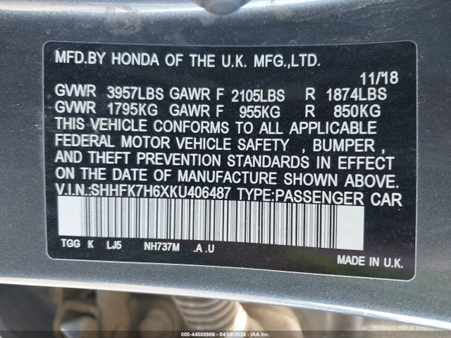 Honda CIVIC EX 2019 SHHFK7H6XKU406487 Image 9