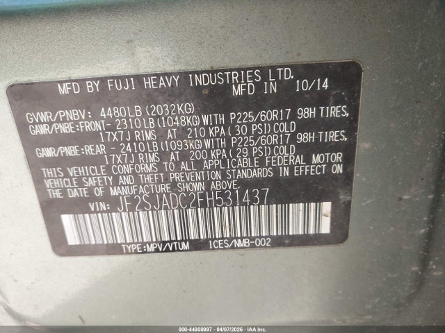 Aukcja sprzedaży 2015 Subaru Forester 2.5i Premium, vin: JF2SJADC2FH531437, numer aukcji: 44808997