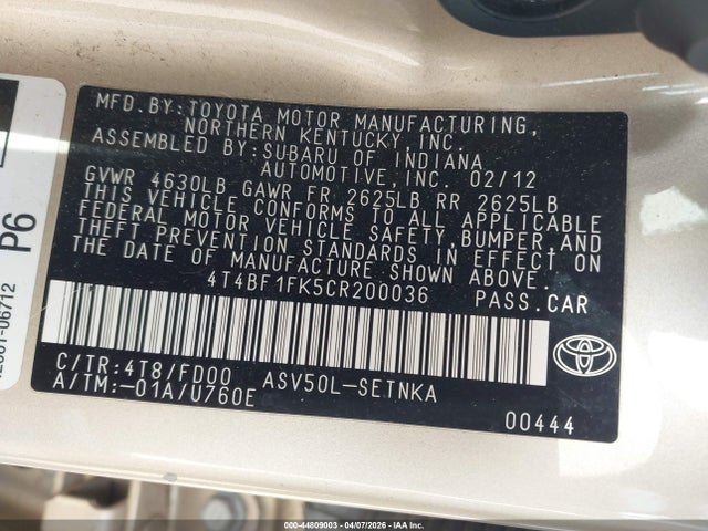 Aukcja sprzedaży 2012 Toyota Camry Le, vin: 4T4BF1FK5CR200036, numer aukcji: 44809003
