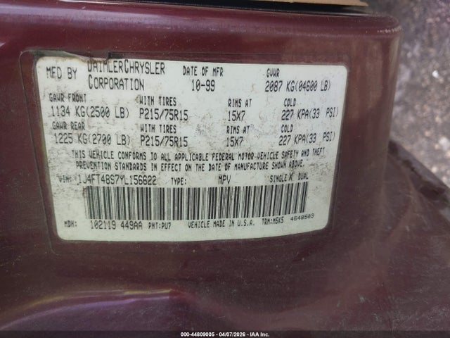 44809005 :رقم المزاد ، 1J4FT48S7YL156622 vin ، 2000 Jeep Cherokee Sport مزاد بيع