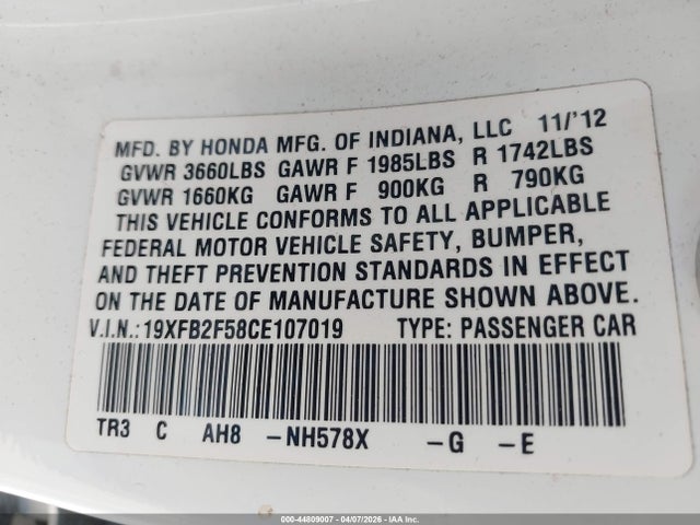 2012 Honda Civic Lx მანქანა იყიდება აუქციონზე, vin: 19XFB2F58CE107019, აუქციონის ნომერი: 44809007