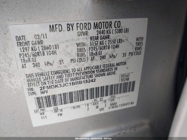 Aukcja sprzedaży 2011 Ford Edge Sel, vin: 2FMDK3JC1BBB15242, numer aukcji: 44809022