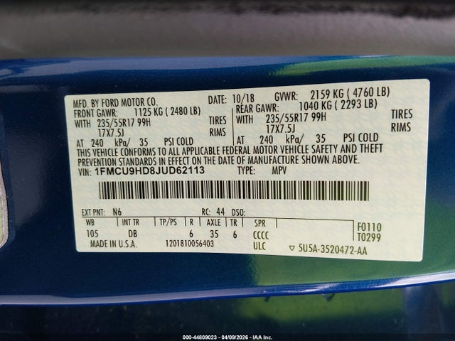 2018 Ford Escape Sel მანქანა იყიდება აუქციონზე, vin: 1FMCU9HD8JUD62113, აუქციონის ნომერი: 44809023